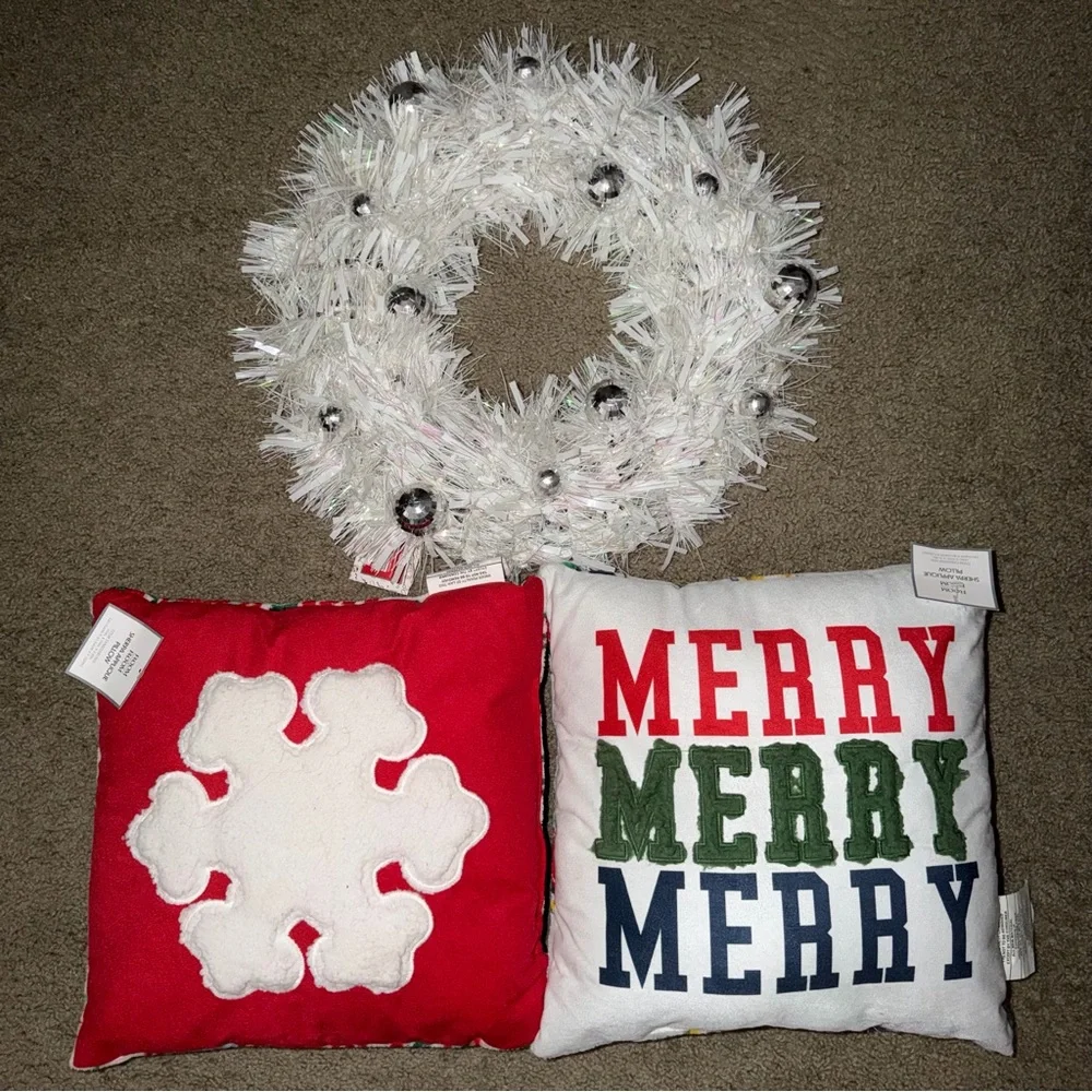 Festive Holiday Pillow and Wreath Set